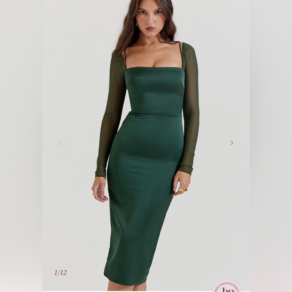House of CB Forest Green Long Sleeve Satin Midi Dress